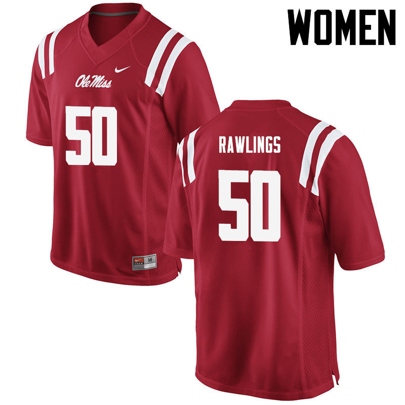 Women Ole Miss Rebels #50 Sean Rawlings College Football Jerseys-Red